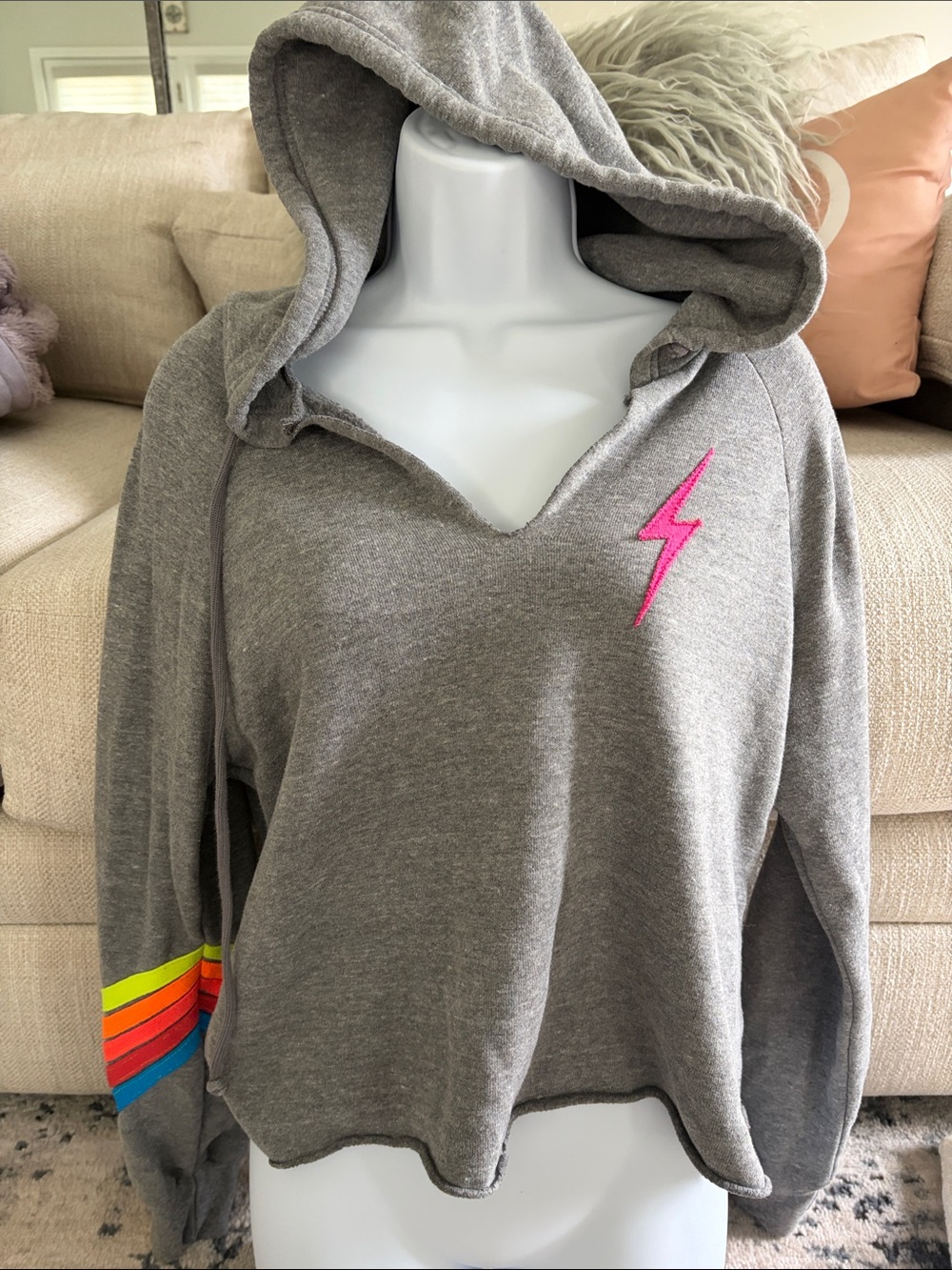 Aviator Nation Gray Hoodie with Pink Lightning and Rainbow Sleeve Stripes